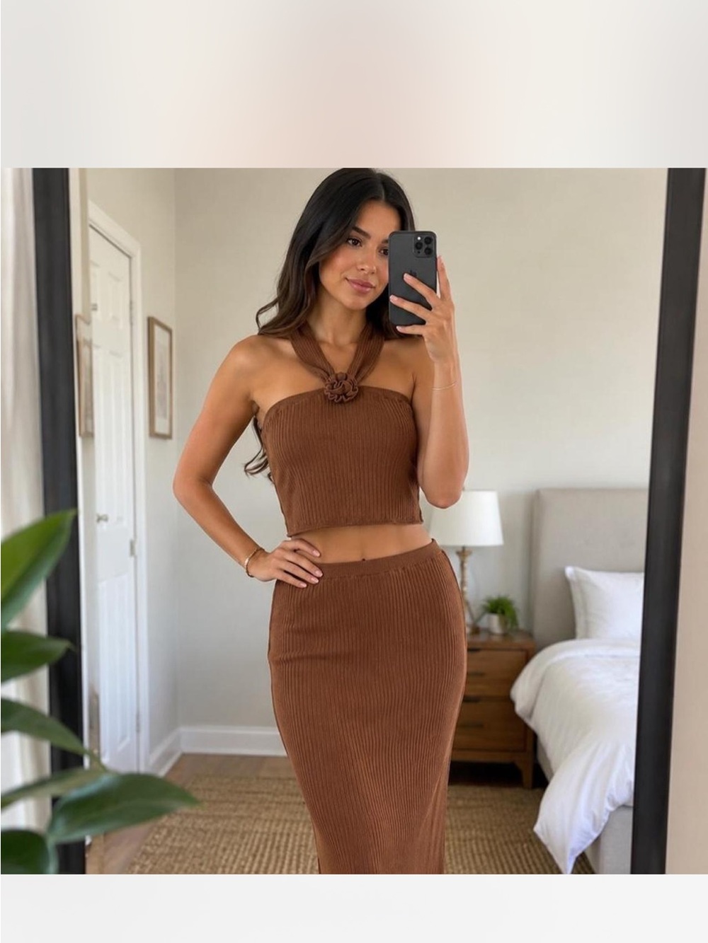 Ribbed Knit Brown Midi Skirt and top set- Women's